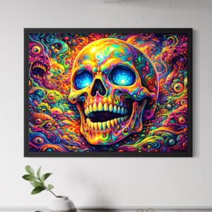 Tableau Crâne Cosmique encadré noir représentant un crâne psychédélique coloré aux yeux lumineux, entouré de formes cosmiques, de créatures fantastiques et d’un univers surréaliste vibrant.