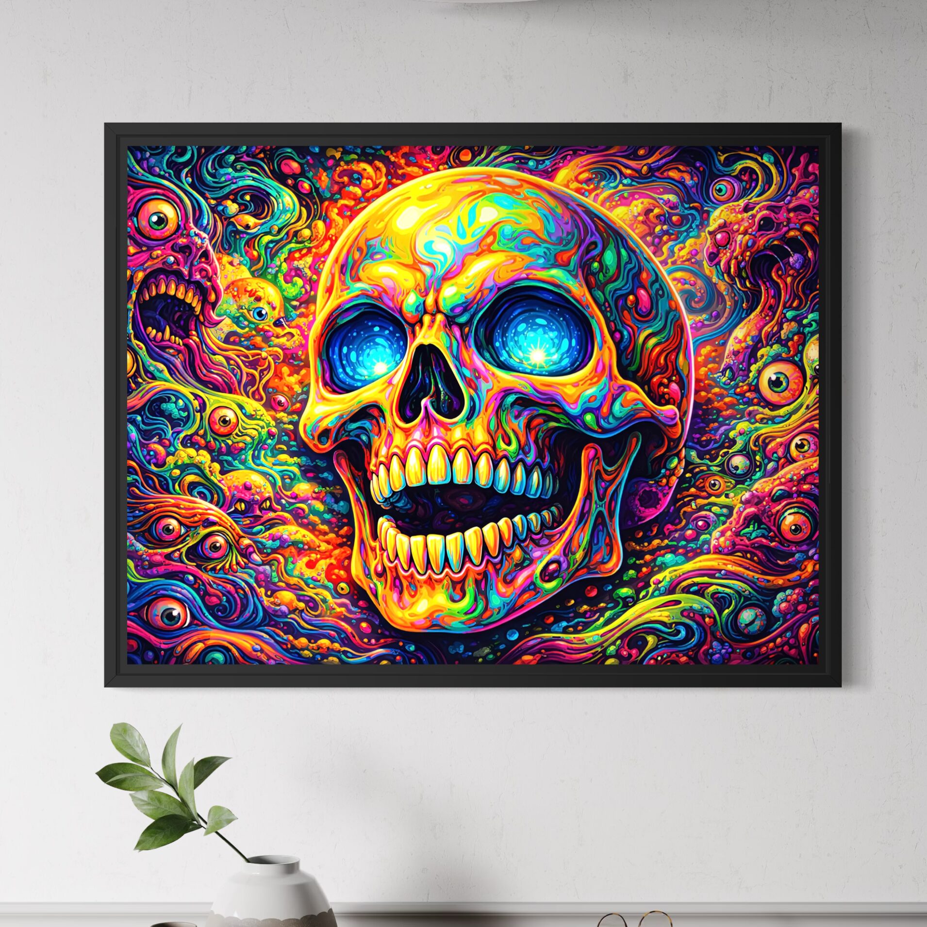 Tableau Crâne Cosmique – Crâne Psychédélique Coloré Tableau Crâne Cosmique encadré noir représentant un crâne psychédélique coloré aux yeux lumineux, entouré de formes cosmiques, de créatures fantastiques et d’un univers surréaliste vibrant.