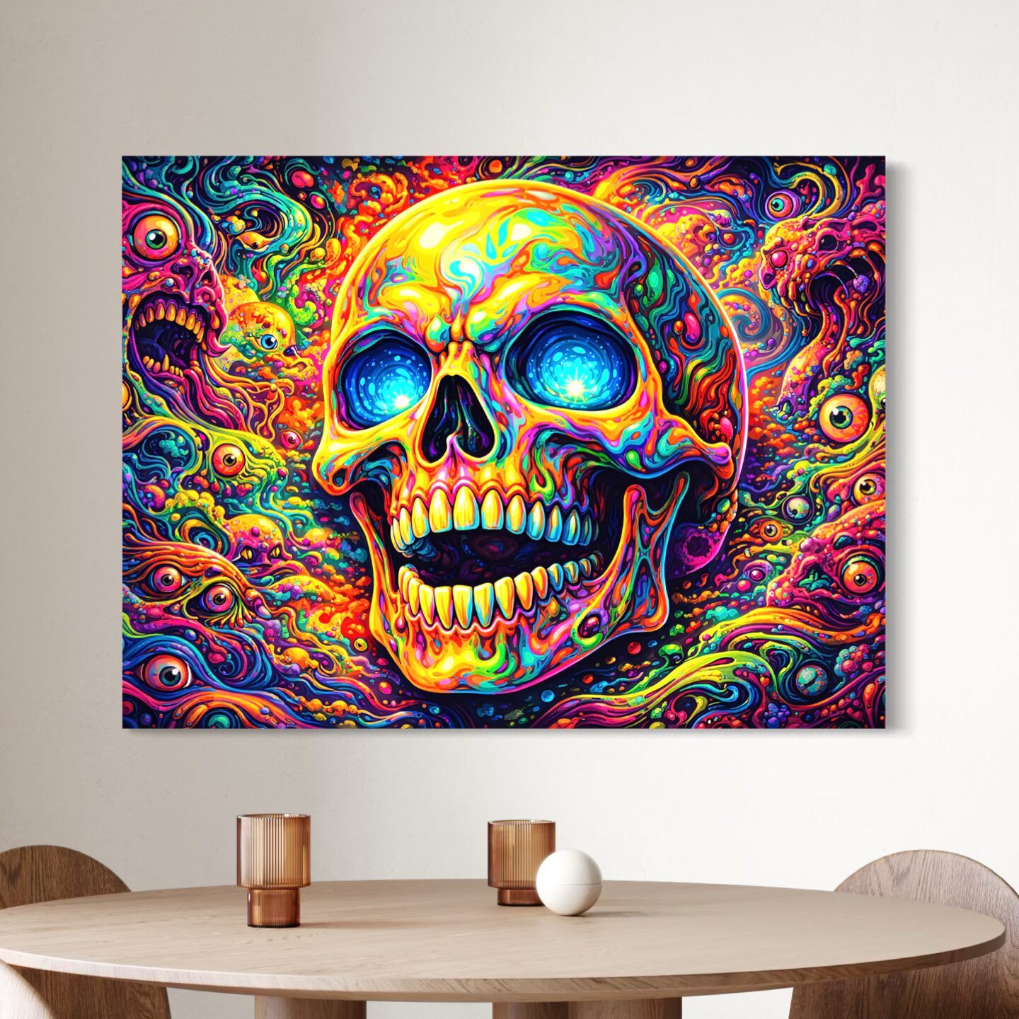 Tableau Crâne Cosmique – Crâne Psychédélique Coloré Tableau Crâne Cosmique représentant un crâne psychédélique coloré aux yeux lumineux, entouré de formes cosmiques et de créatures fantastiques dans une décoration murale moderne.
