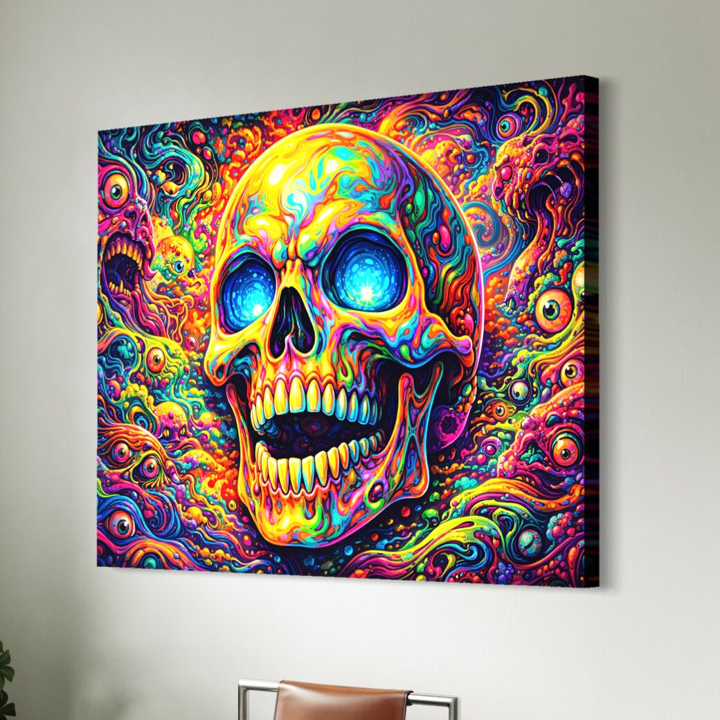 Tableau Crâne Cosmique – Crâne Psychédélique Coloré Toile murale Crâne Cosmique représentant un crâne psychédélique coloré aux yeux lumineux, entouré de formes cosmiques, de créatures fantastiques et de couleurs fluorescentes.