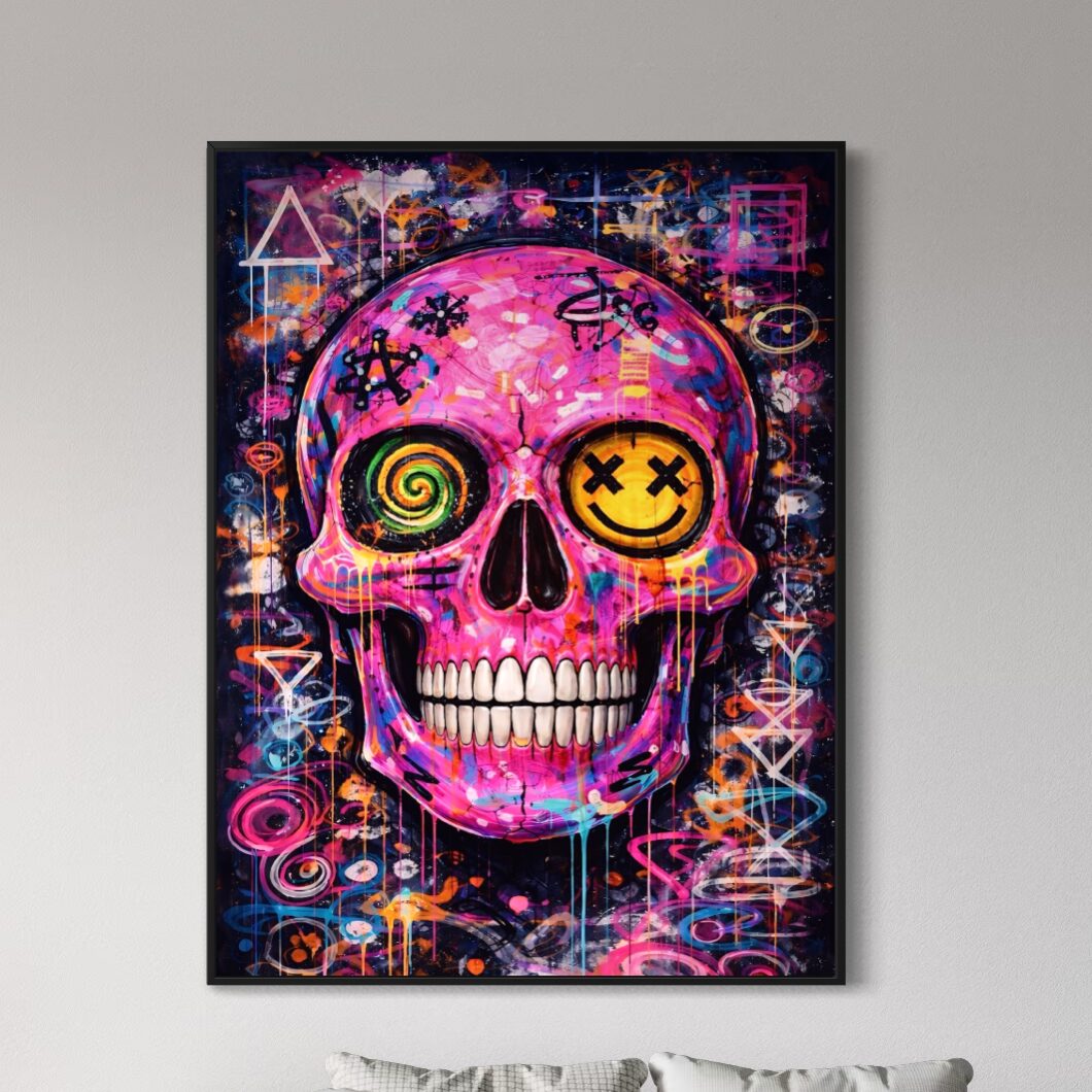 Tableau Crâne Rose Pop Art – Sourire Macabre Tableau Sourire Macabre encadré noir représentant un crâne rose pop art avec yeux graphiques, sourire stylisé, graffitis colorés et ambiance street art dans une décoration de chambre moderne.
