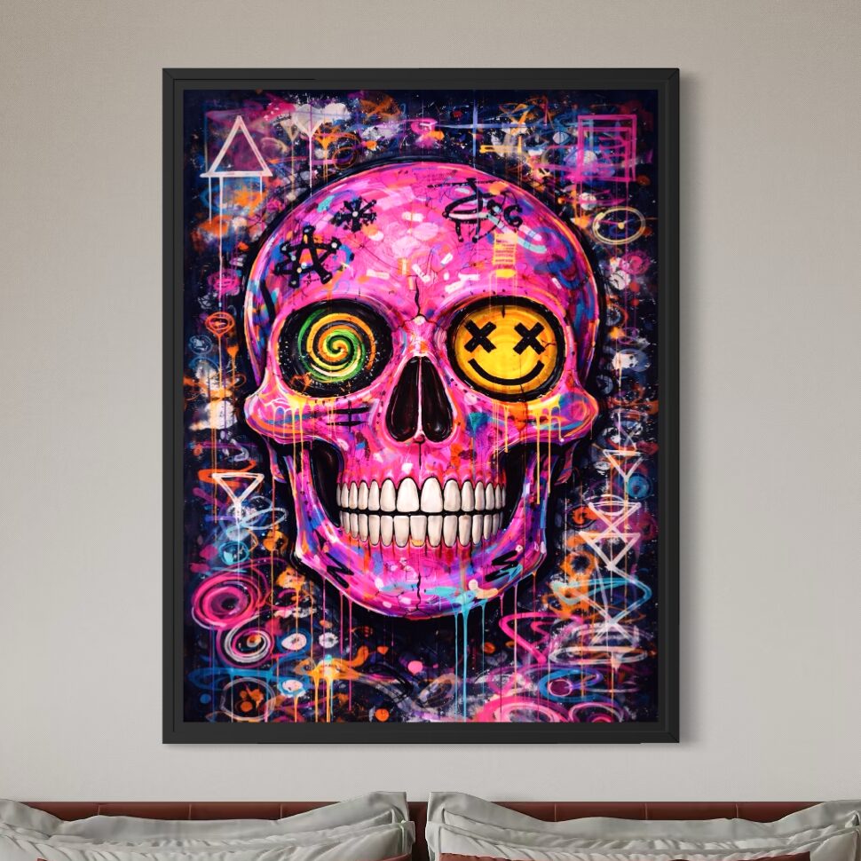 Tableau Crâne Rose Pop Art – Sourire Macabre Tableau Sourire Macabre encadré noir représentant un crâne rose pop art avec yeux graphiques, sourire stylisé, graffitis colorés et ambiance street art dans une chambre moderne.