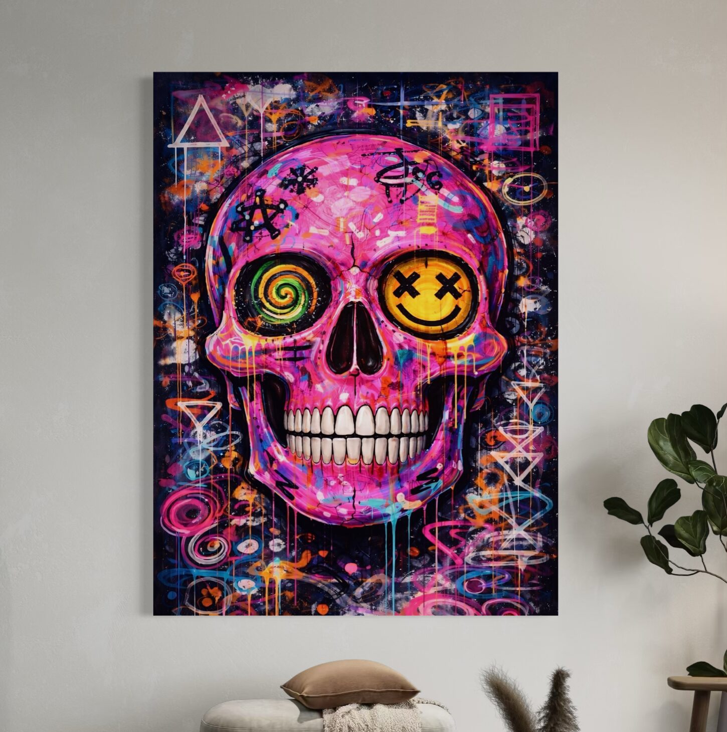 Tableau Crâne Rose Pop Art – Sourire Macabre Tableau Sourire Macabre représentant un crâne rose pop art avec yeux graphiques, sourire stylisé, graffitis colorés et ambiance street art dans une décoration moderne.