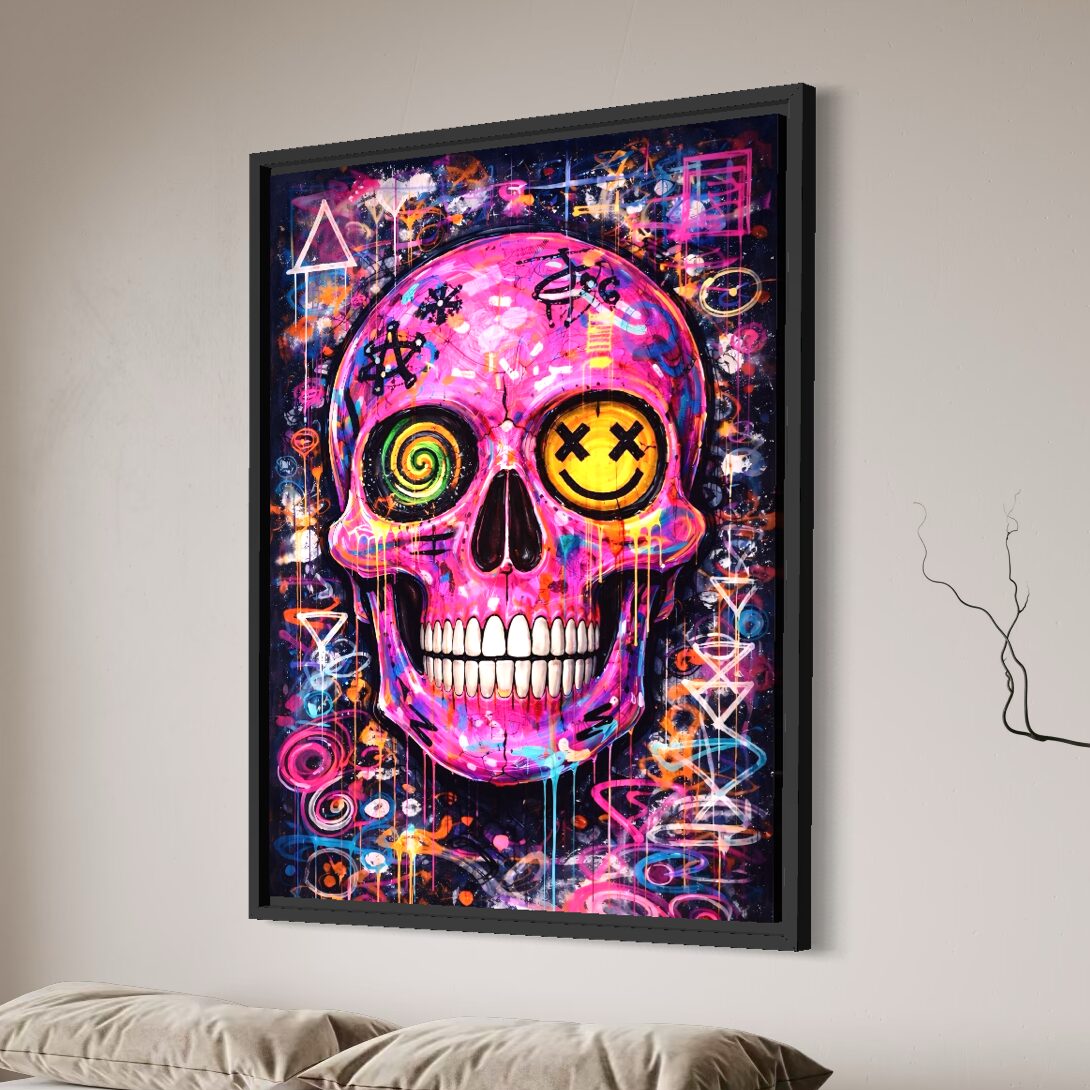 Tableau Crâne Rose Pop Art – Sourire Macabre Vue latérale du tableau Sourire Macabre encadré noir représentant un crâne rose pop art avec yeux graphiques, sourire stylisé, graffitis colorés et ambiance street art.