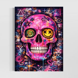 Tableau Sourire Macabre représentant un crâne rose pop art avec yeux graphiques, sourire stylisé, graffitis colorés et ambiance street art contemporaine.