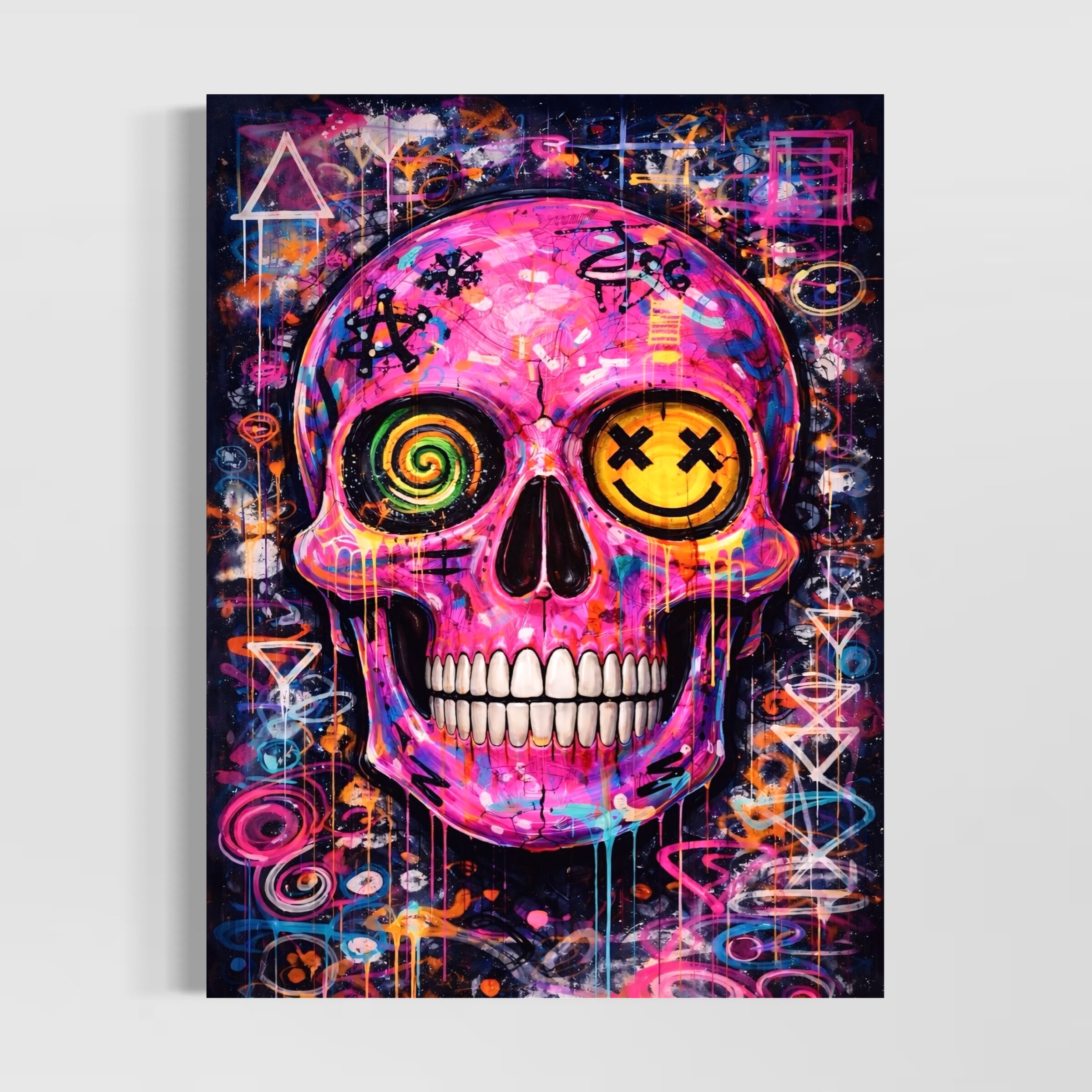 Tableau Crâne Rose Pop Art – Sourire Macabre Tableau Sourire Macabre représentant un crâne rose pop art avec yeux graphiques, sourire stylisé, graffitis colorés et ambiance street art contemporaine.