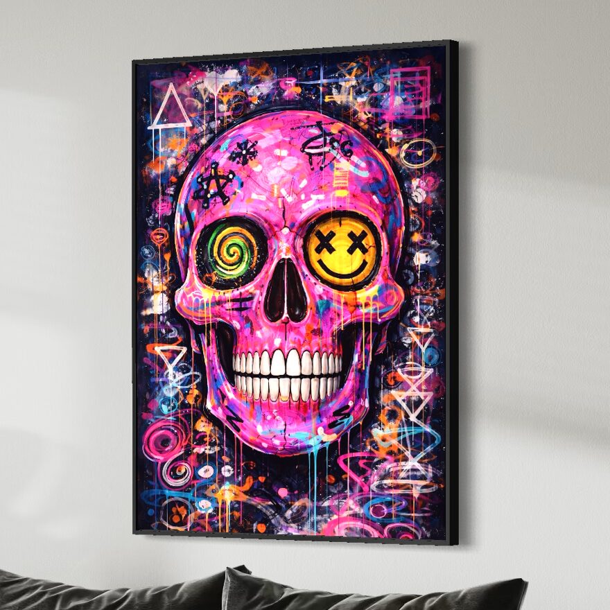 Tableau Crâne Rose Pop Art – Sourire Macabre Vue latérale du tableau Sourire Macabre encadré noir représentant un crâne rose pop art avec yeux graphiques, sourire stylisé, graffitis colorés et ambiance street art.