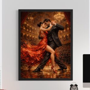 Tableau Fièvre Tango encadré noir représentant un couple dansant le tango, avec robe rouge en mouvement, ambiance théâtrale et lumière dorée dans une décoration de bureau.