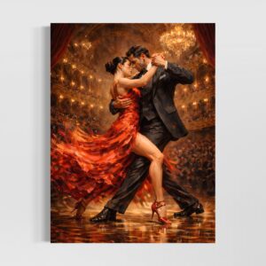 Tableau Fièvre Tango représentant un couple dansant le tango avec une robe rouge en mouvement, dans une salle élégante illuminée par des lustres dorés.