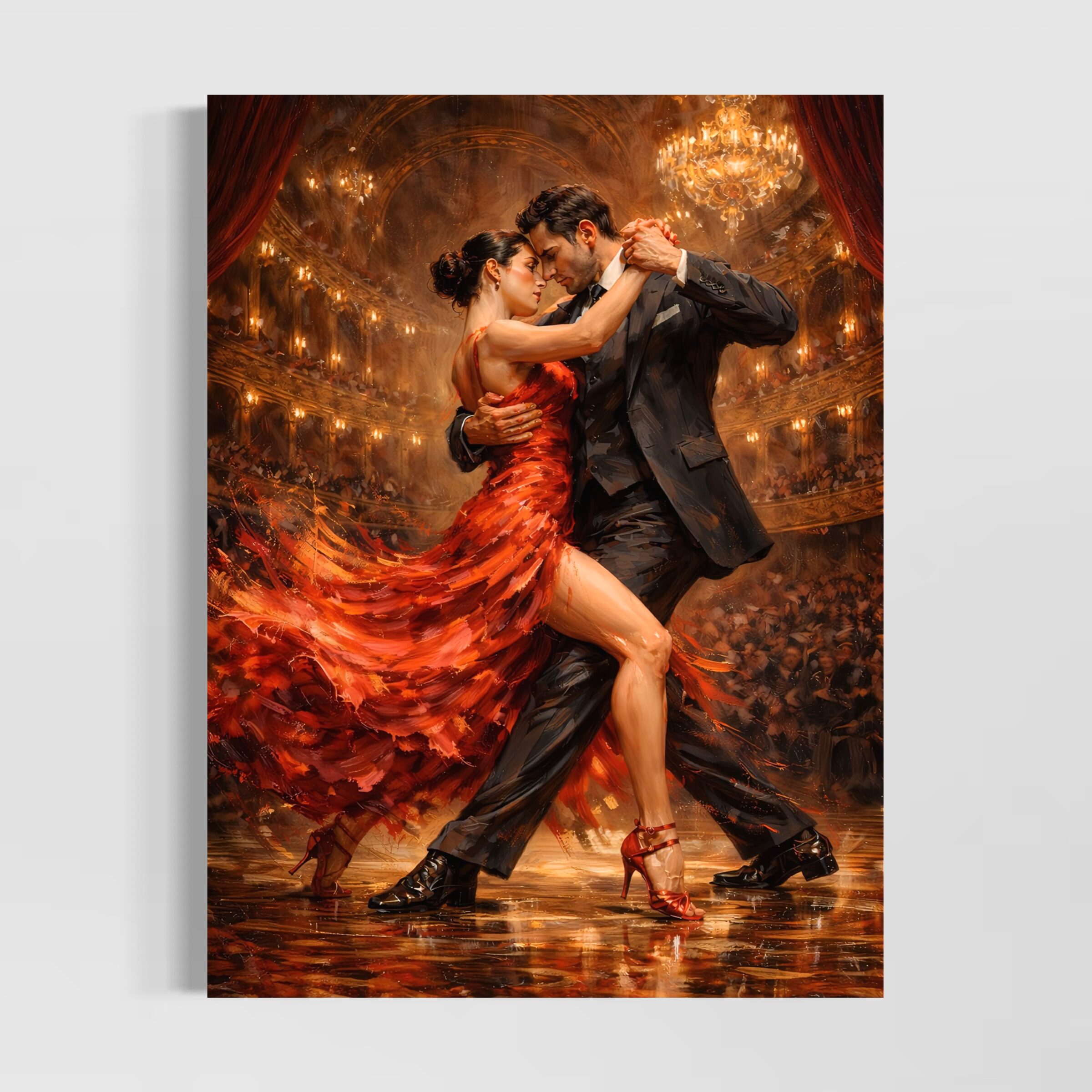 Tableau Fièvre Tango représentant un couple dansant le tango avec une robe rouge en mouvement, dans une salle élégante illuminée par des lustres dorés. Tableau Fièvre Tango représentant un couple dansant le tango avec une robe rouge en mouvement, dans une salle élégante illuminée par des lustres dorés.