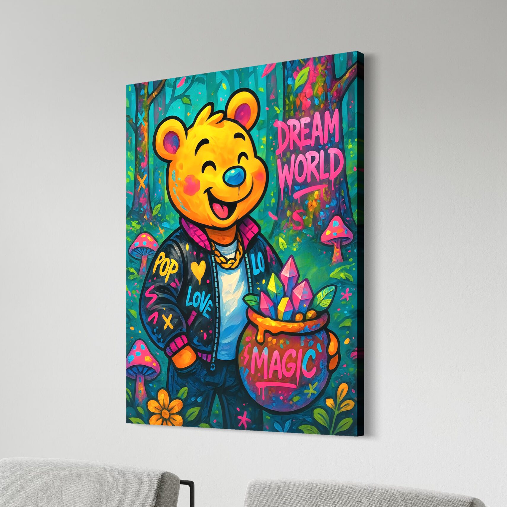 Tableau Dream World – Ours pop art, magie et monde imaginaire Tableau Dream World représentant un ours pop art dans un monde fantastique avec cristaux magiques, forêt enchantée, champignons colorés et univers inspiré des rêves.