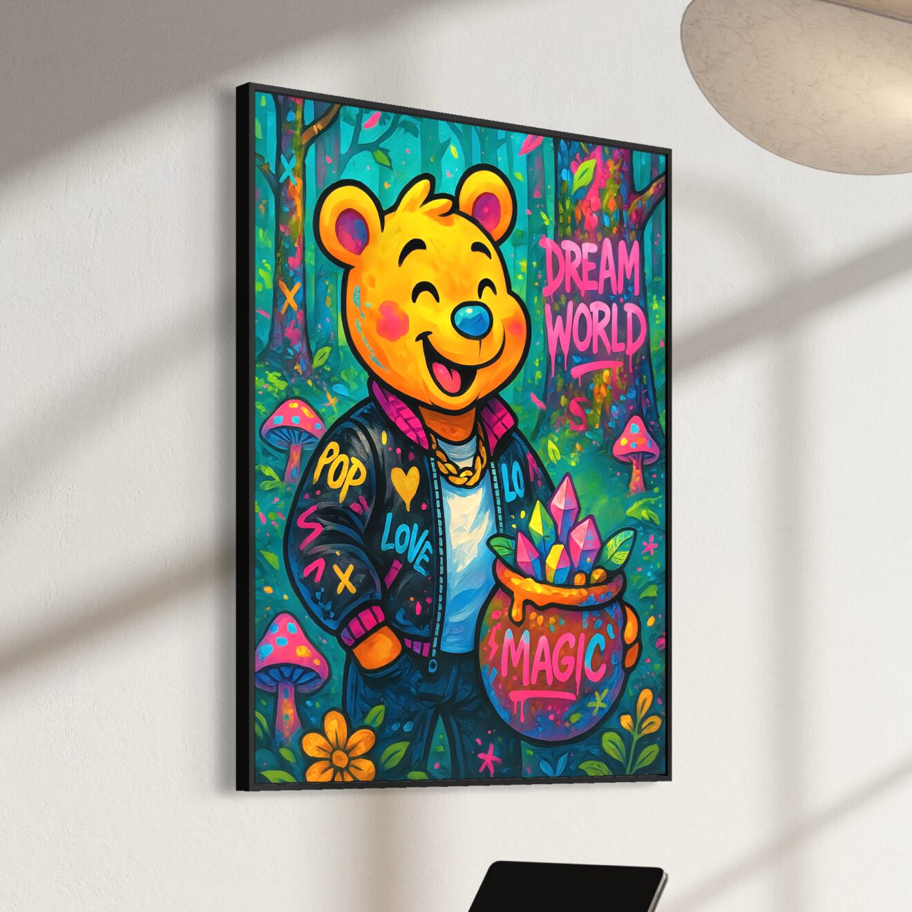 Tableau Dream World – Ours pop art, magie et monde imaginaire Tableau Dream World représentant un ours pop art dans un univers fantastique avec cristaux magiques, forêt enchantée, couleurs vibrantes et ambiance inspirée des rêves.