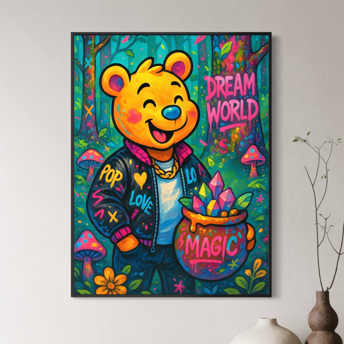 Tableau Dream World – Ours pop art, magie et monde imaginaire Tableau Dream World représentant un ours pop art souriant dans une forêt enchantée avec cristaux magiques, champignons colorés et univers féerique inspiré des rêves et de l'imagination.