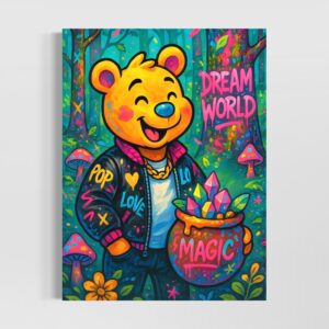 Tableau Dream World représentant un ours pop art dans une forêt féerique entouré de cristaux magiques, de fleurs colorées et d’un univers imaginaire inspiré des rêves et de l’enfance.