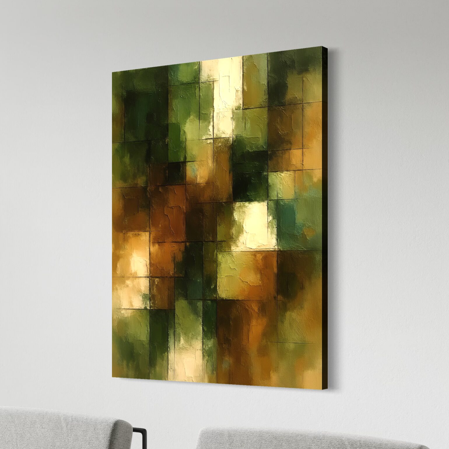 Tableau Écho Terrestre représentant une composition abstraite contemporaine aux nuances de vert, ocre et beige inspirée des matières naturelles et minérales.