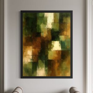 Tableau Écho Terrestre représentant une composition abstraite contemporaine aux nuances de vert, ocre et beige inspirée de la nature et des matières minérales.