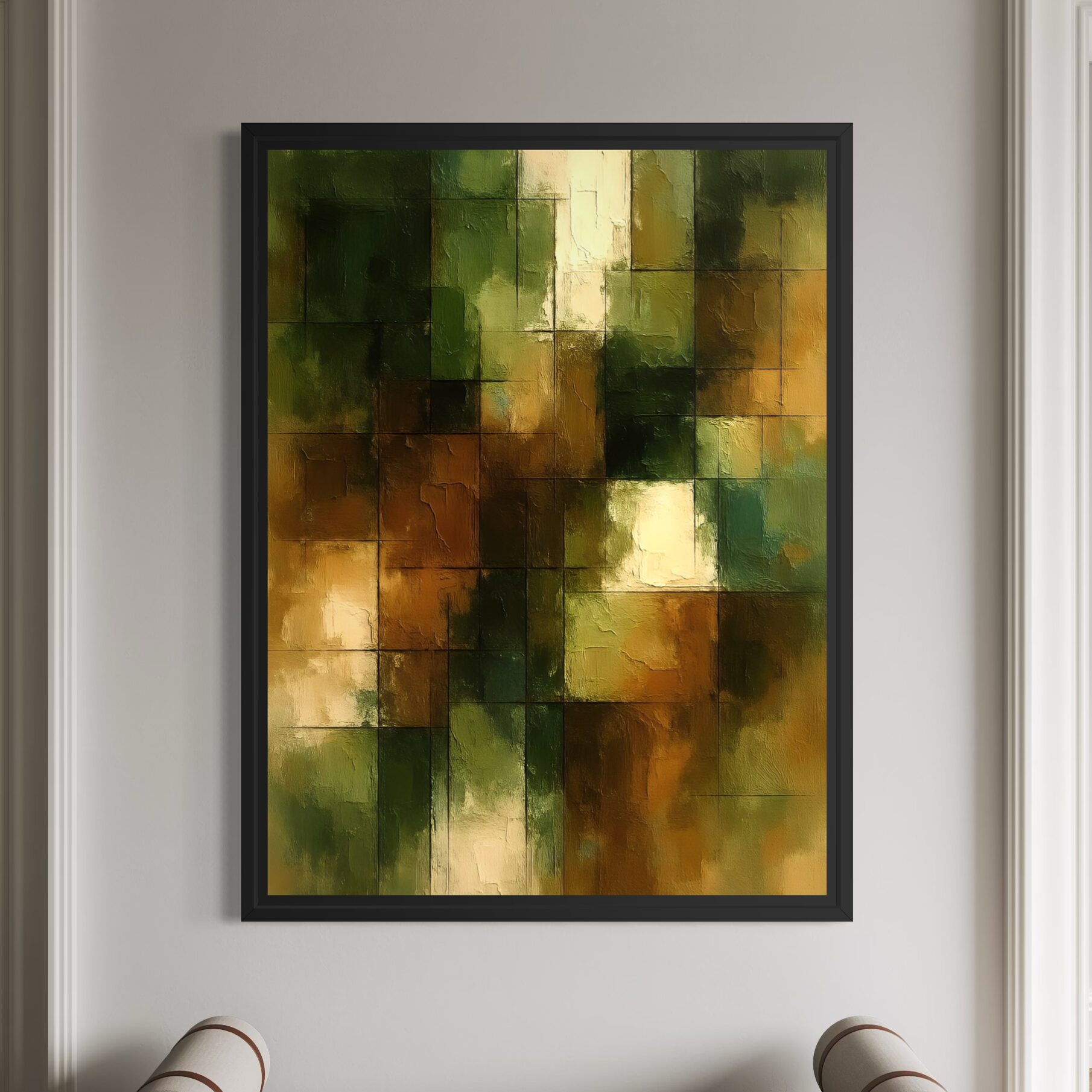 Tableau Écho Terrestre représentant une composition abstraite contemporaine aux nuances de vert, ocre et beige inspirée de la nature et des matières minérales.