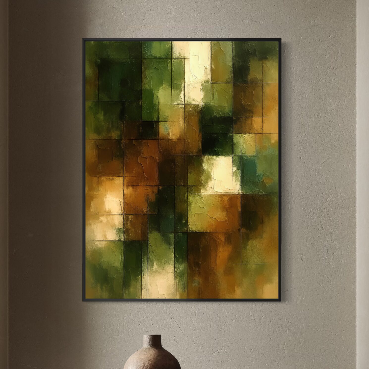 Tableau Écho Terrestre exposé dans un intérieur contemporain, œuvre abstraite aux nuances vertes, ocres et beiges inspirée de la nature et des matières minérales.