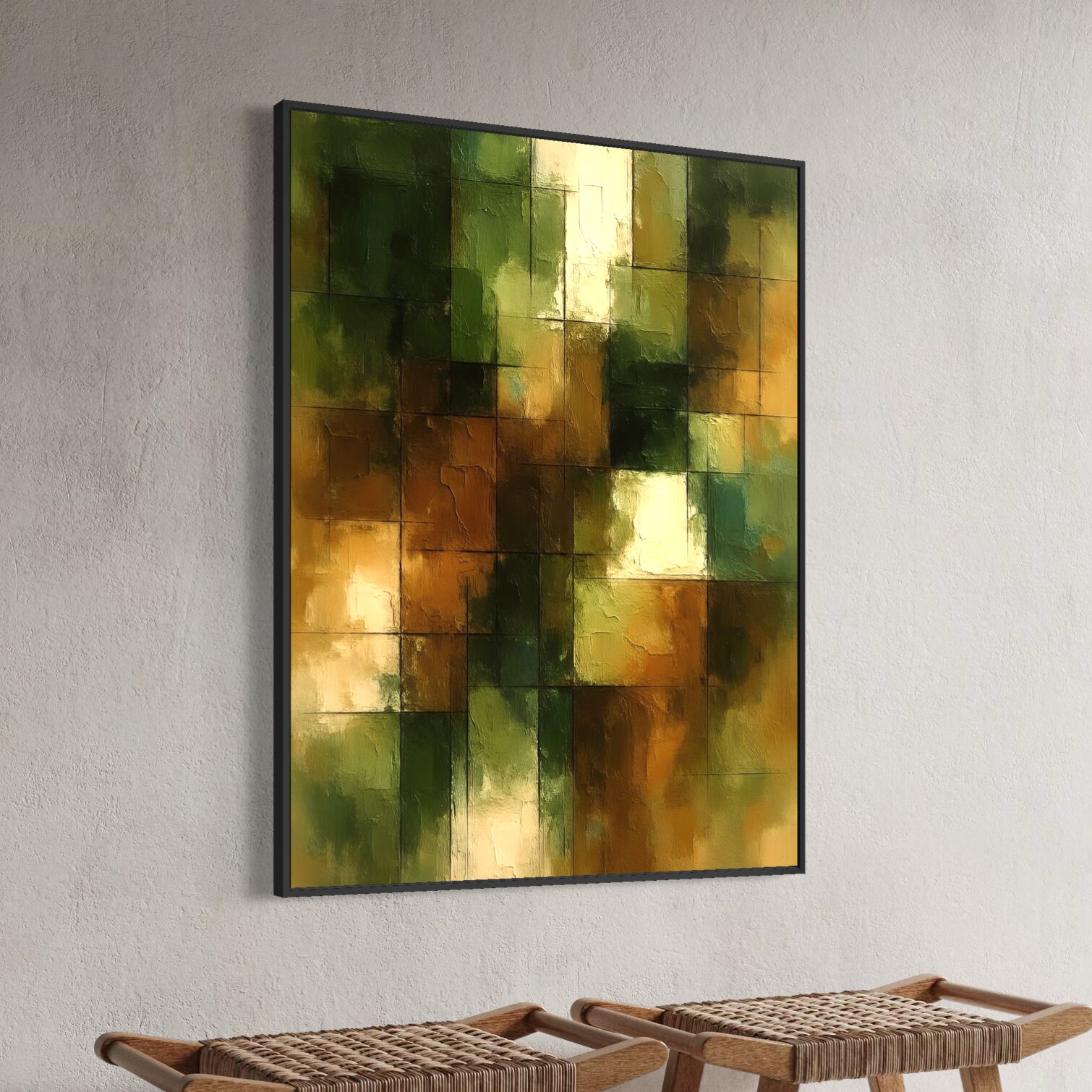 Tableau Écho Terrestre encadré dans un intérieur contemporain, œuvre abstraite aux nuances vertes, ocres et beiges inspirée de la nature et des matières organiques.