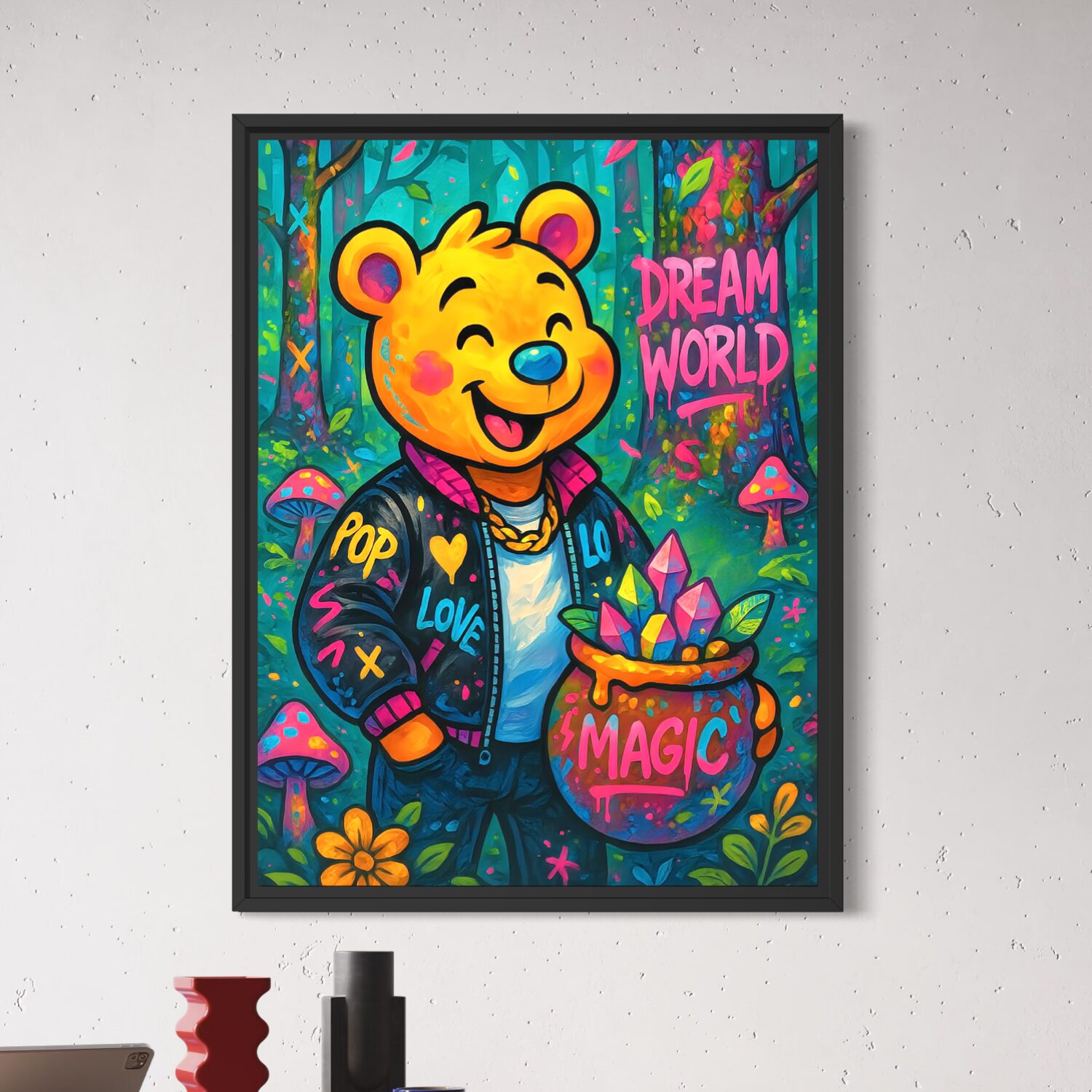Tableau Dream World – Ours pop art, magie et monde imaginaire Tableau encadré Dream World représentant un ours pop art dans une forêt enchantée avec cristaux magiques, champignons colorés et univers féerique inspiré de l'imagination.
