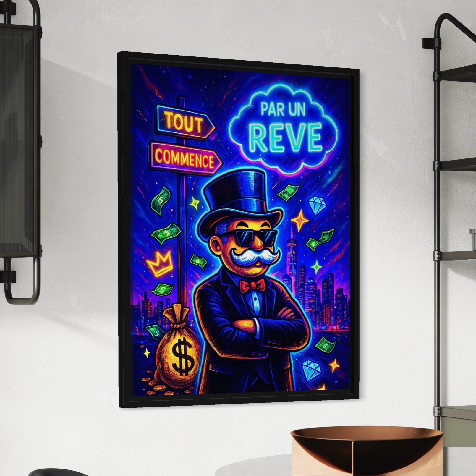 Tableau Le Visionnaire Monopoly – Richesse, réussite et liberté financière Tableau encadré Le Visionnaire inspiré du Monopoly représentant la réussite financière, l'investissement, l'abondance, la richesse et la liberté financière dans un intérieur contemporain.