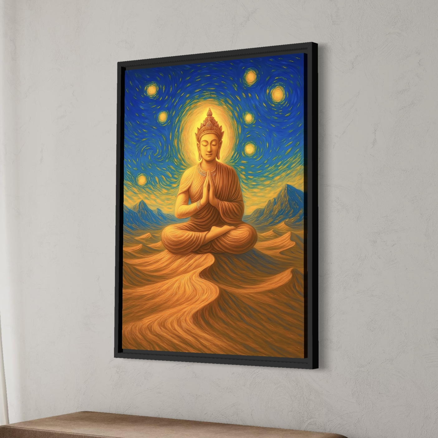 Tableau Bouddha Mirage Sacré - Art Spirituel et Méditation | SPEKTRA Tableau Mirage Sacré représentant un bouddha en méditation dans un désert lumineux sous un ciel étoilé inspiré du postimpressionnisme.