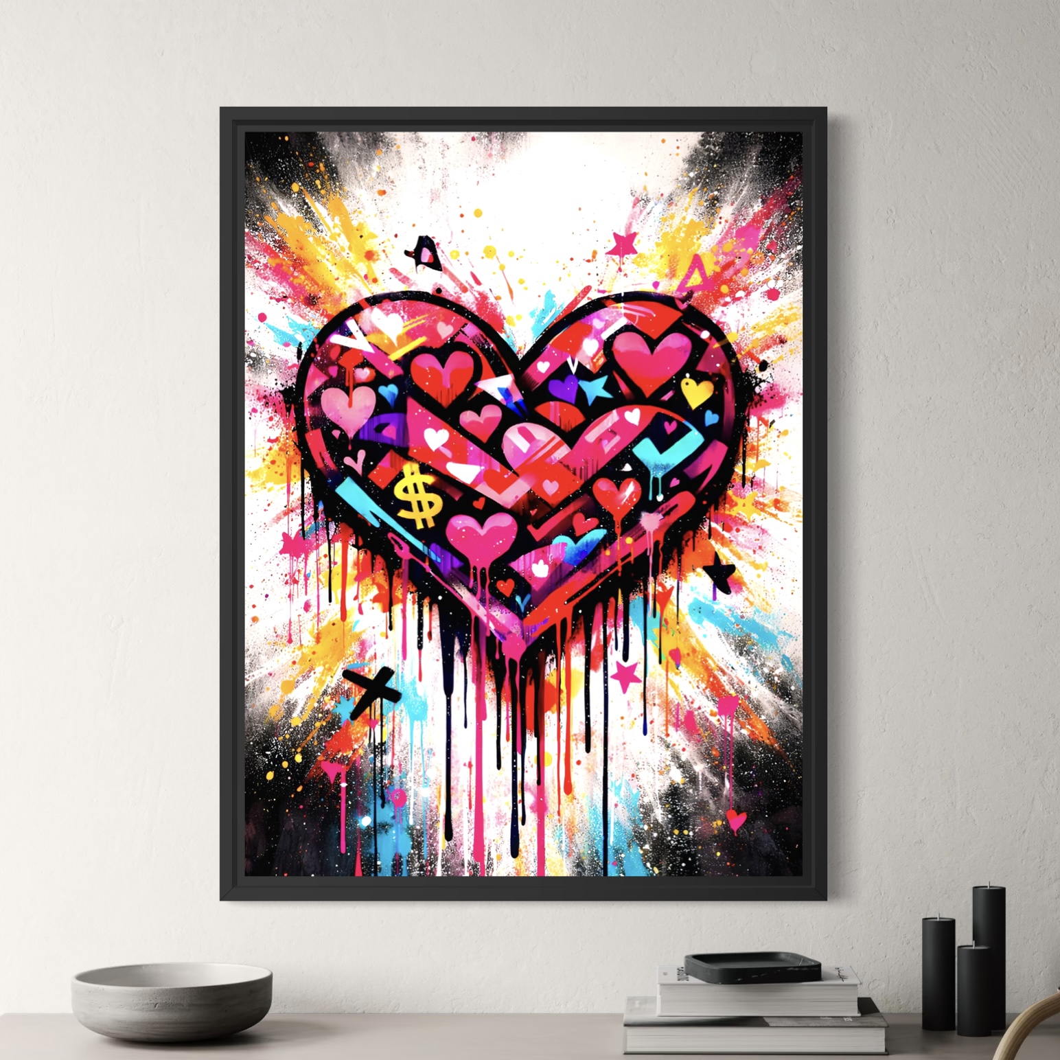 Tableau encadré noir Cœur Rebelle représentant un grand cœur graffiti coloré avec coulures de peinture, éclats urbains et symboles pop dans une décoration murale contemporaine.
