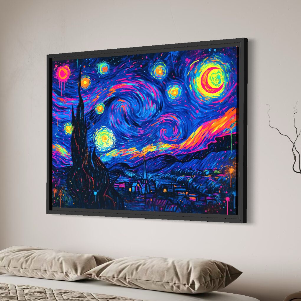 Tableau L'Écho des Étoiles – Nuit Étoilée Moderne Colorée | SPEKTRA Tableau encadré L'Écho des Étoiles inspiré de La Nuit Étoilée de Van Gogh avec cadre noir premium et ciel étoilé coloré contemporain.