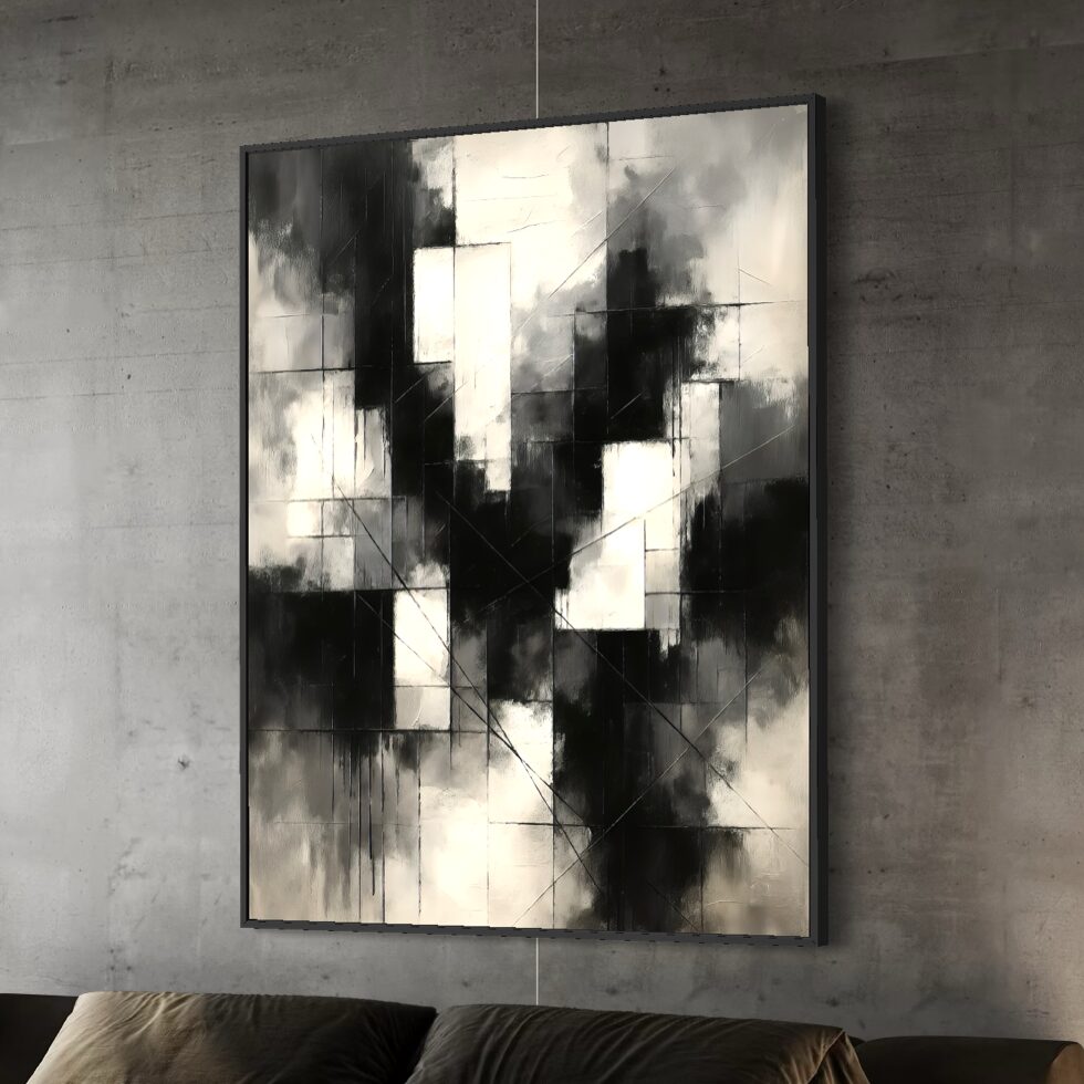 Tableau Équilibre Abstrait – Art Abstrait Contemporain Premium tableau équilibre abstrait noir blanc contemporain salon moderne spektra