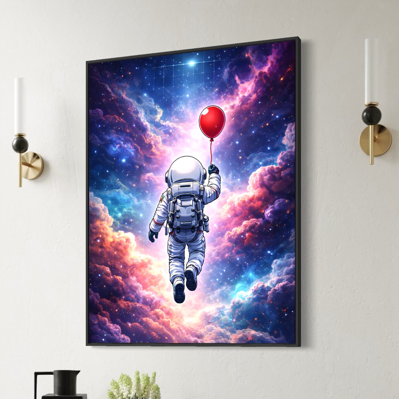 Tableau Hors du Monde – Astronaute et Ballon Rouge dans l’Espace Tableau Hors du Monde représentant un astronaute dans l’espace avec un ballon rouge, entouré d’une galaxie lumineuse, de nébuleuses colorées et d’étoiles dans une décoration murale moderne.