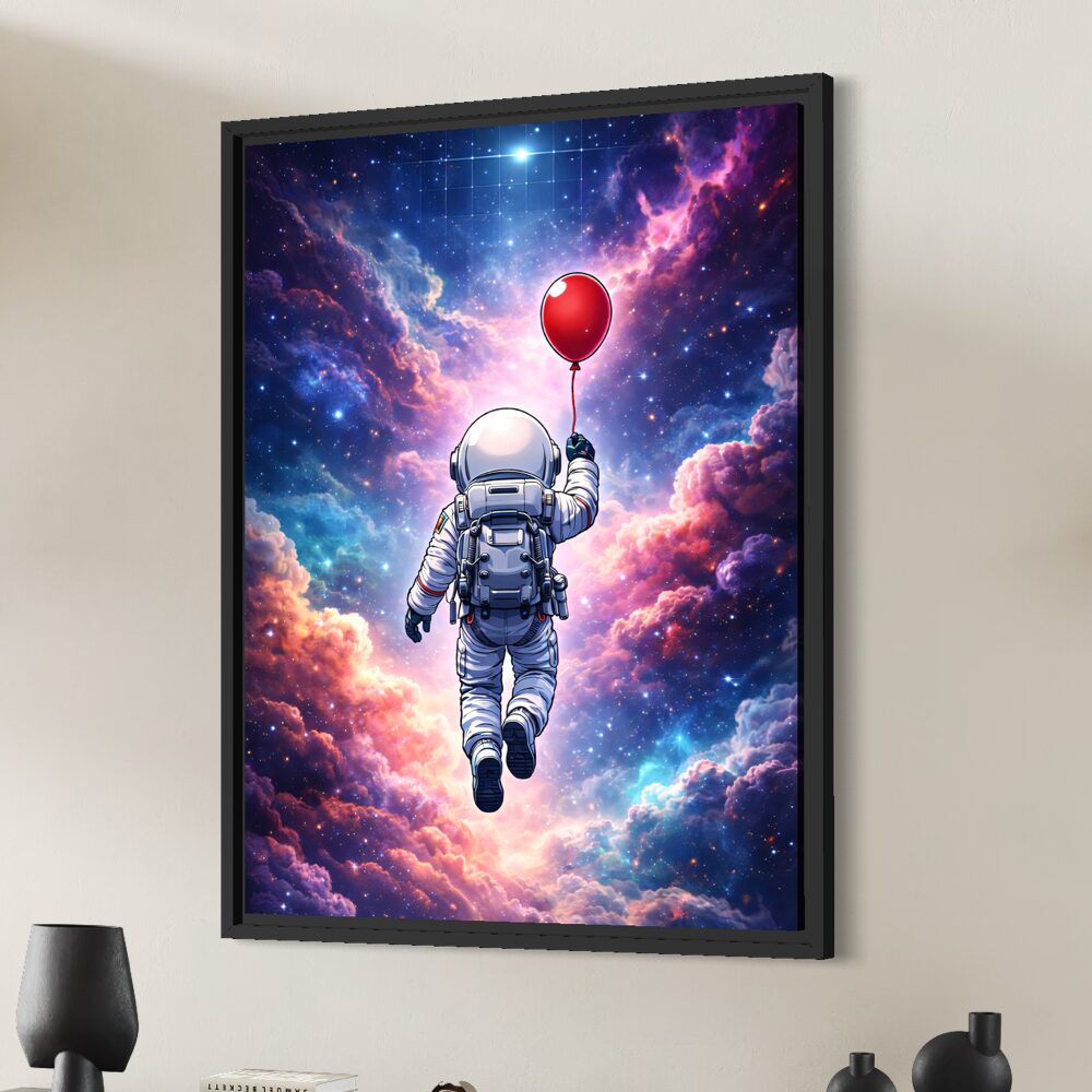 Tableau Hors du Monde – Astronaute et Ballon Rouge dans l’Espace Vue latérale du tableau Hors du Monde encadré noir représentant un astronaute flottant dans l’espace avec un ballon rouge, entouré de nébuleuses lumineuses et d’étoiles.