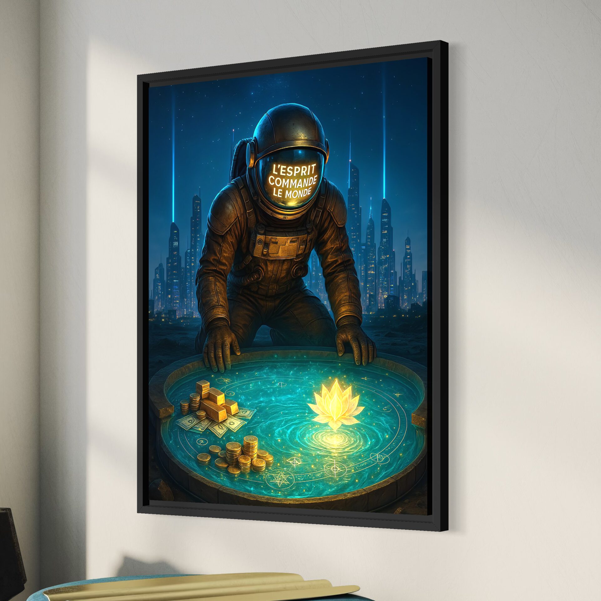 Tableau L'Esprit Créateur encadré avec astronaute futuriste, fleur de lotus lumineuse et symboles de prospérité dans un intérieur moderne