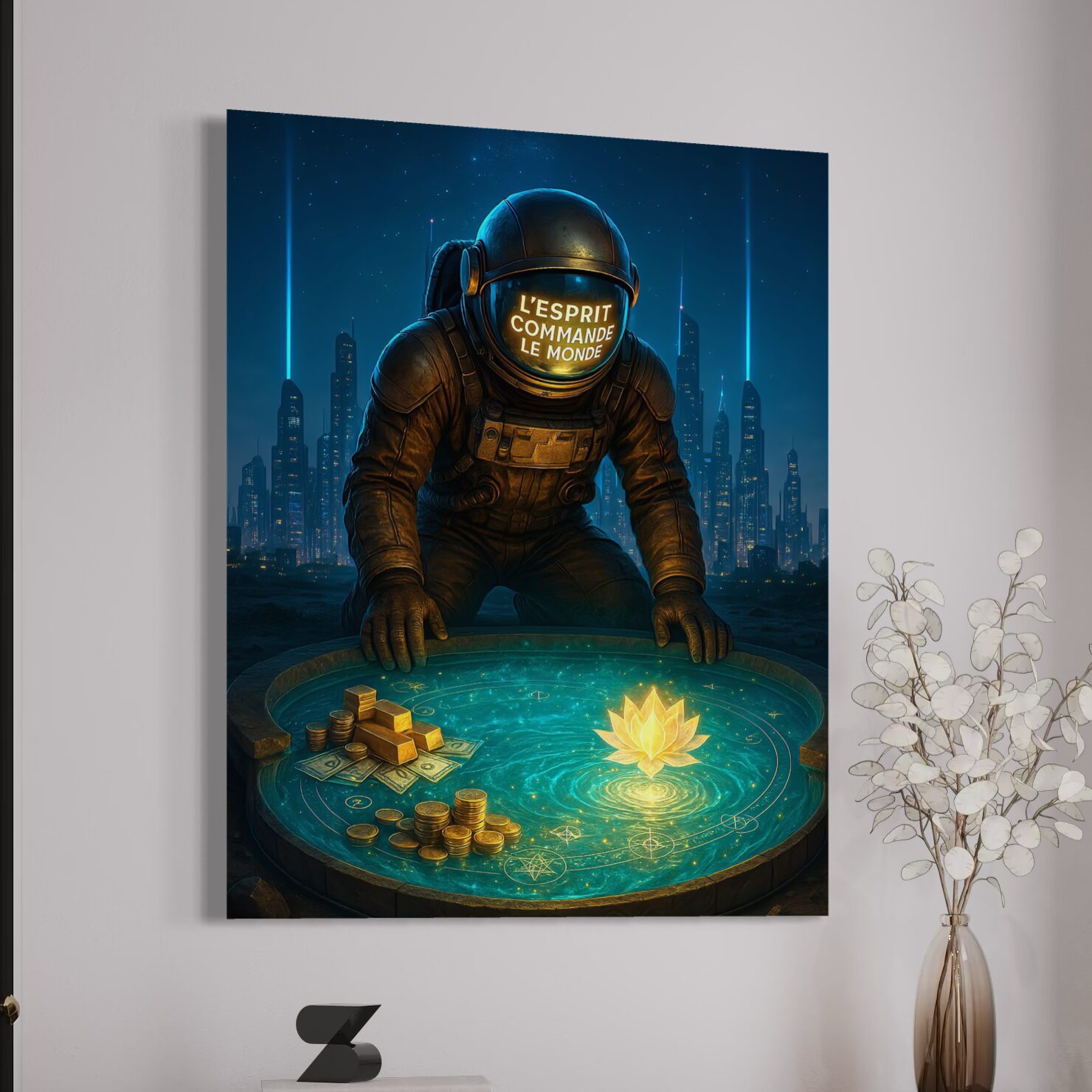Tableau L'Esprit Créateur représentant un astronaute futuriste face à une fleur de lotus lumineuse symbole d'abondance et de réussite