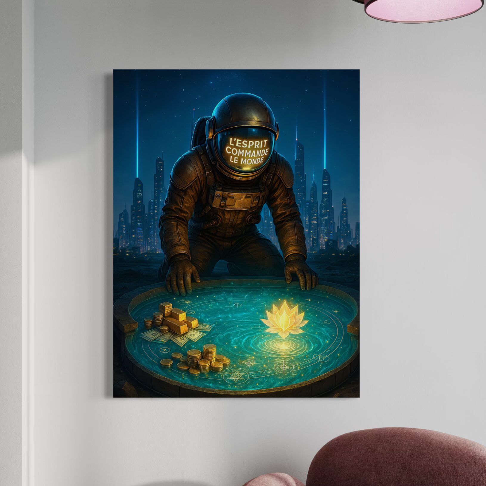 Tableau L'Esprit Créateur dans un salon moderne représentant un astronaute futuriste, une fleur de lotus lumineuse et des symboles d'abondance