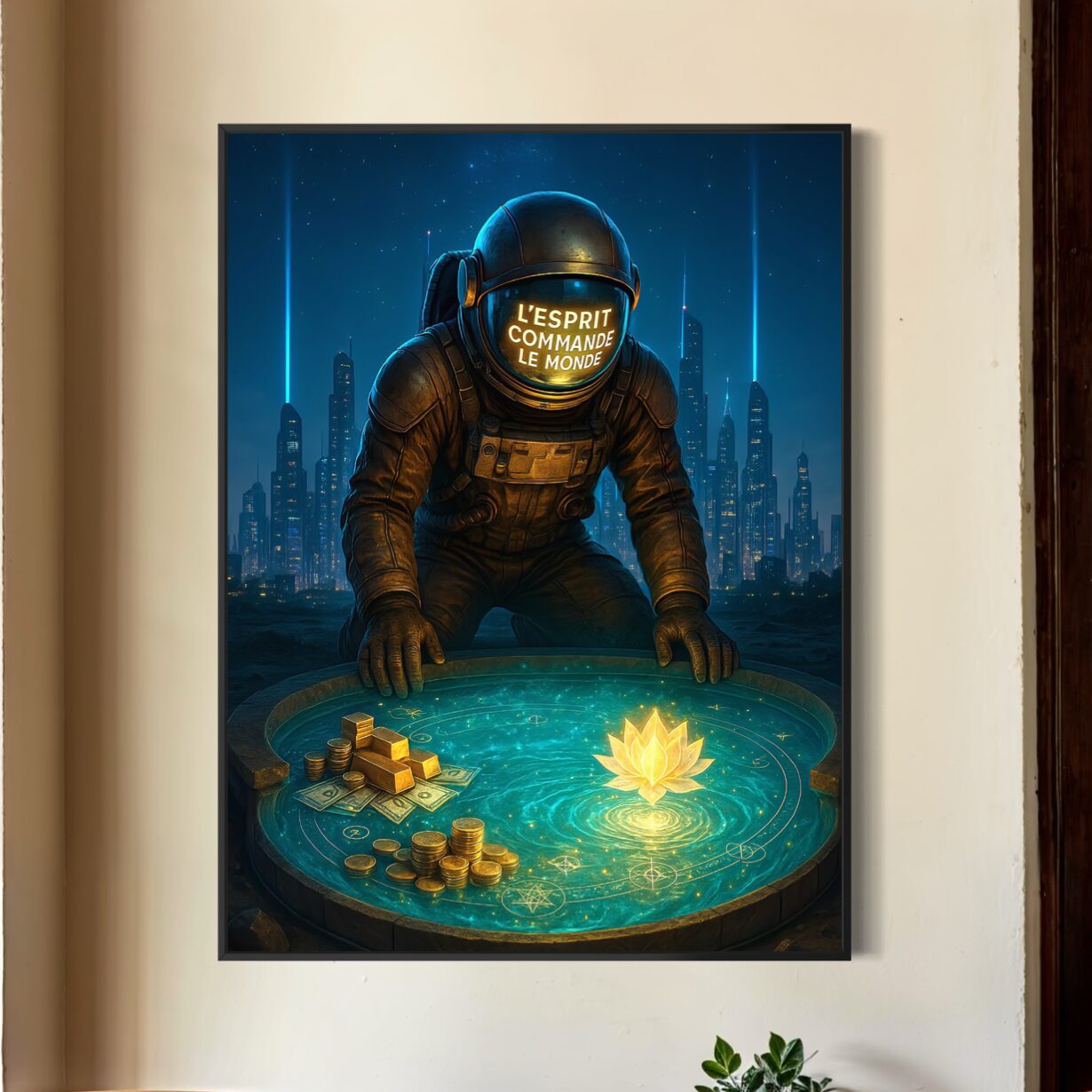 Tableau L'Esprit Créateur encadré dans un intérieur moderne représentant un astronaute futuriste symbole de réussite et de créativité