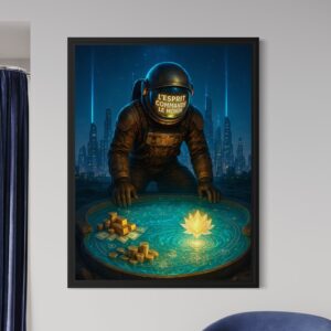 Tableau L'Esprit Créateur encadré représentant un astronaute futuriste face à une source lumineuse symbolisant créativité, abondance et succès