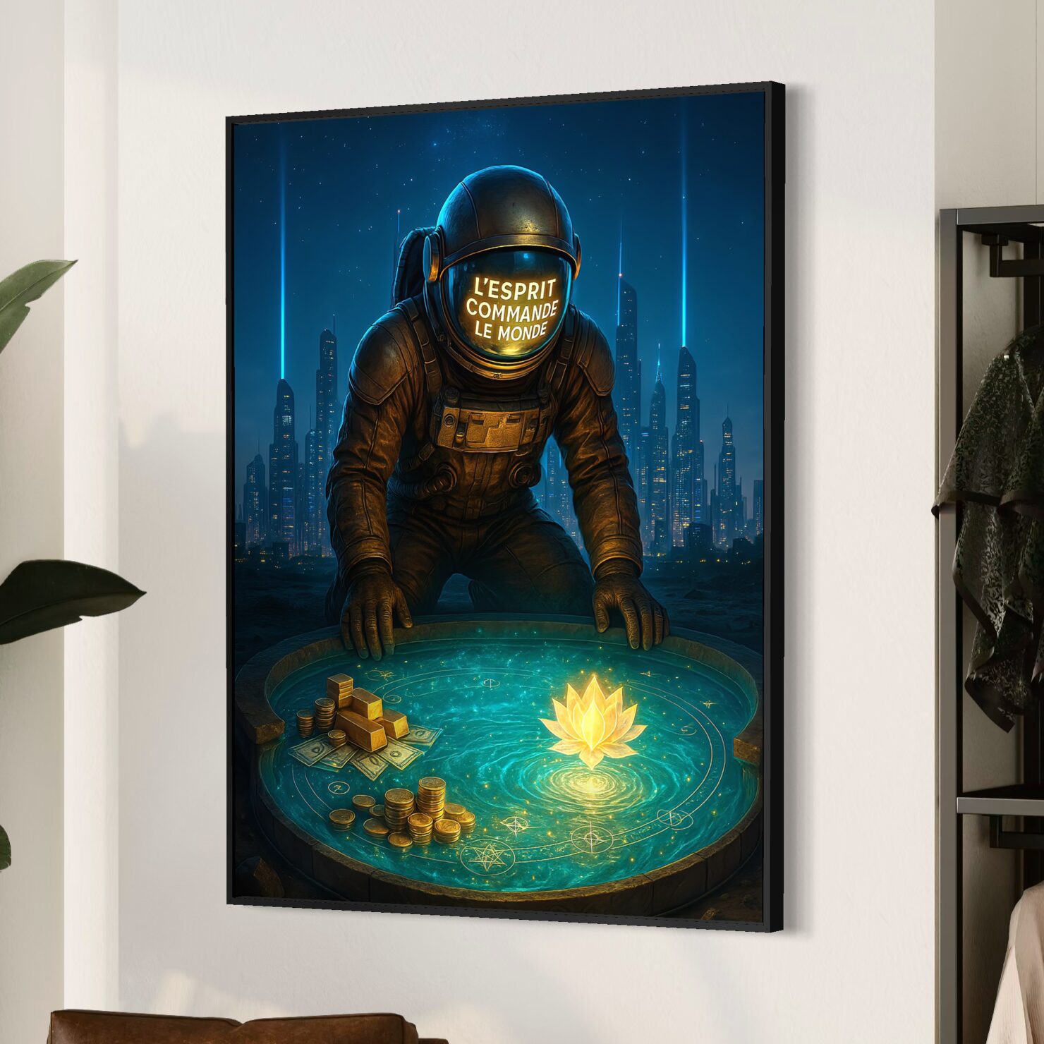 Tableau L'Esprit Créateur avec astronaute visionnaire observant une source lumineuse symbolisant créativité, abondance et réussite