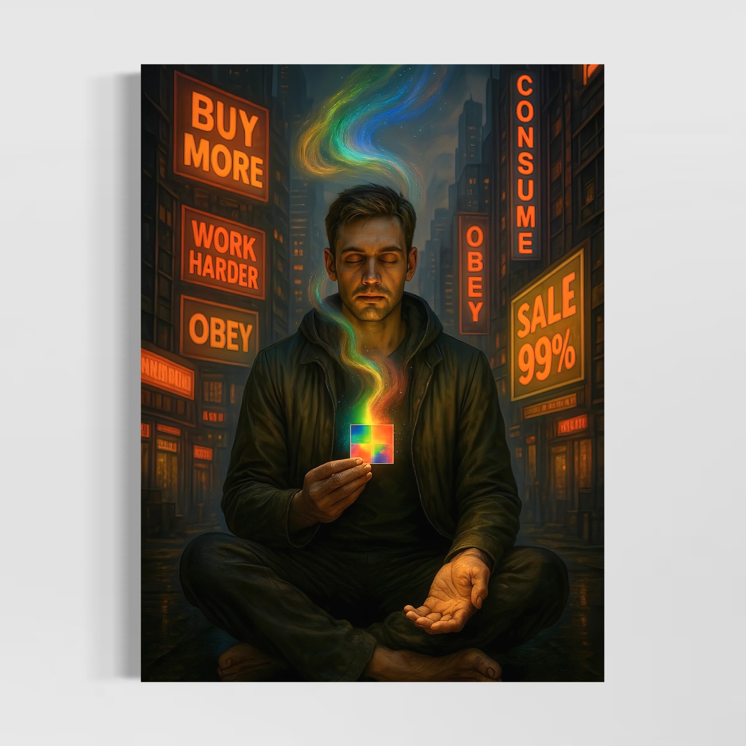 Tableau Esprit Libre représentant un homme en méditation dans une ville sombre entourée de néons Buy More, Work Harder, Obey et Consume.