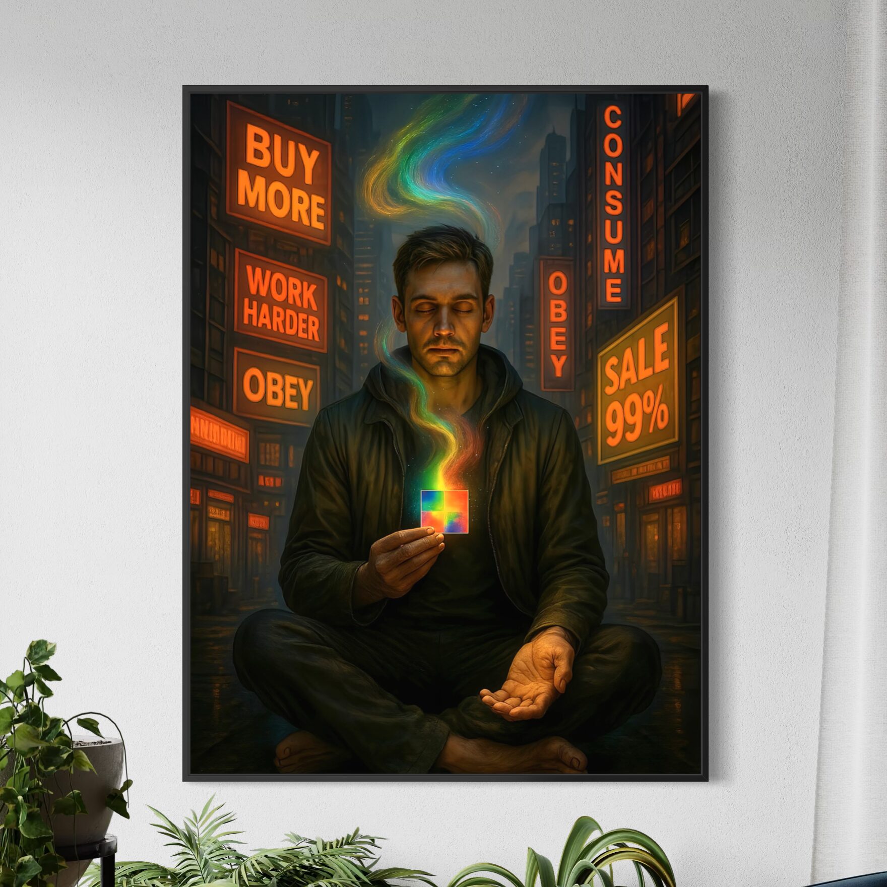 Tableau Esprit Libre installé dans un intérieur avec plantes, représentant un homme en méditation au cœur d’une ville sombre entourée de néons Buy More, Work Harder, Obey et Consume.