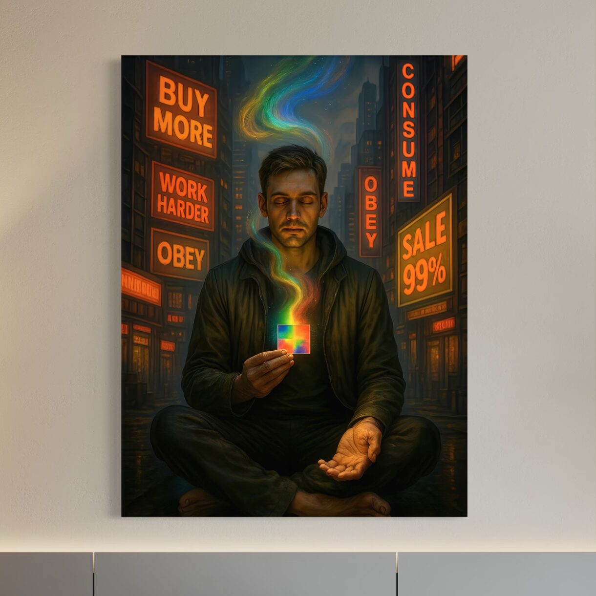 Tableau Esprit Libre installé dans un intérieur épuré, représentant un homme en méditation au cœur d’une ville sombre entourée de néons Buy More, Work Harder, Obey et Consume.