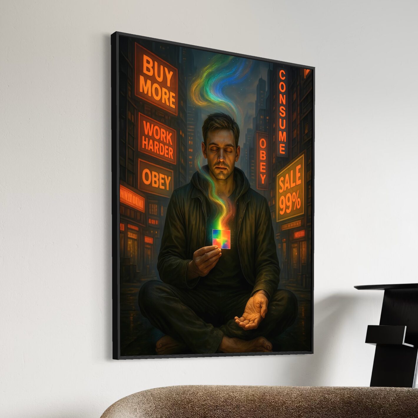 Tableau Esprit Libre en vue latérale dans un intérieur moderne, représentant un homme en méditation au cœur d’une ville sombre entourée de néons Buy More, Work Harder, Obey et Consume.