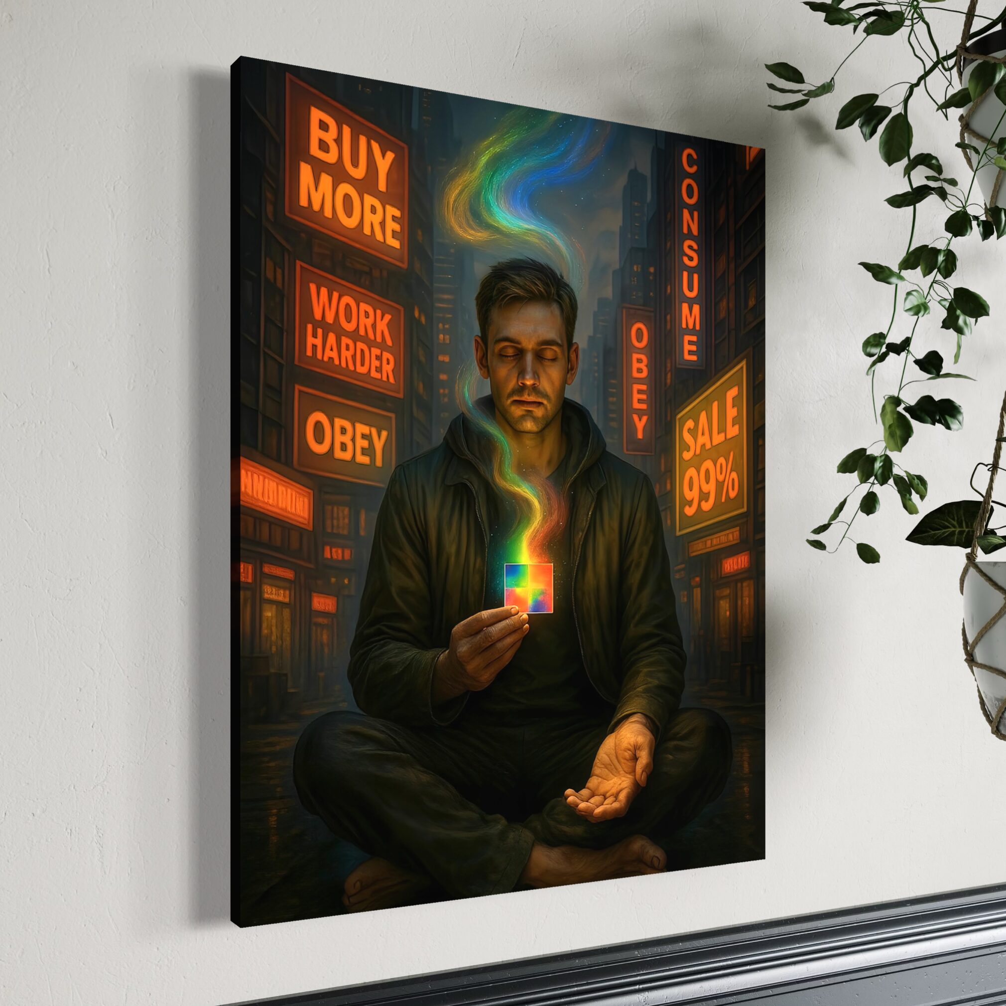 Tableau Esprit Libre en vue latérale avec plantes, représentant un homme en méditation au cœur d’une ville sombre entourée de néons Buy More, Work Harder, Obey et Consume.