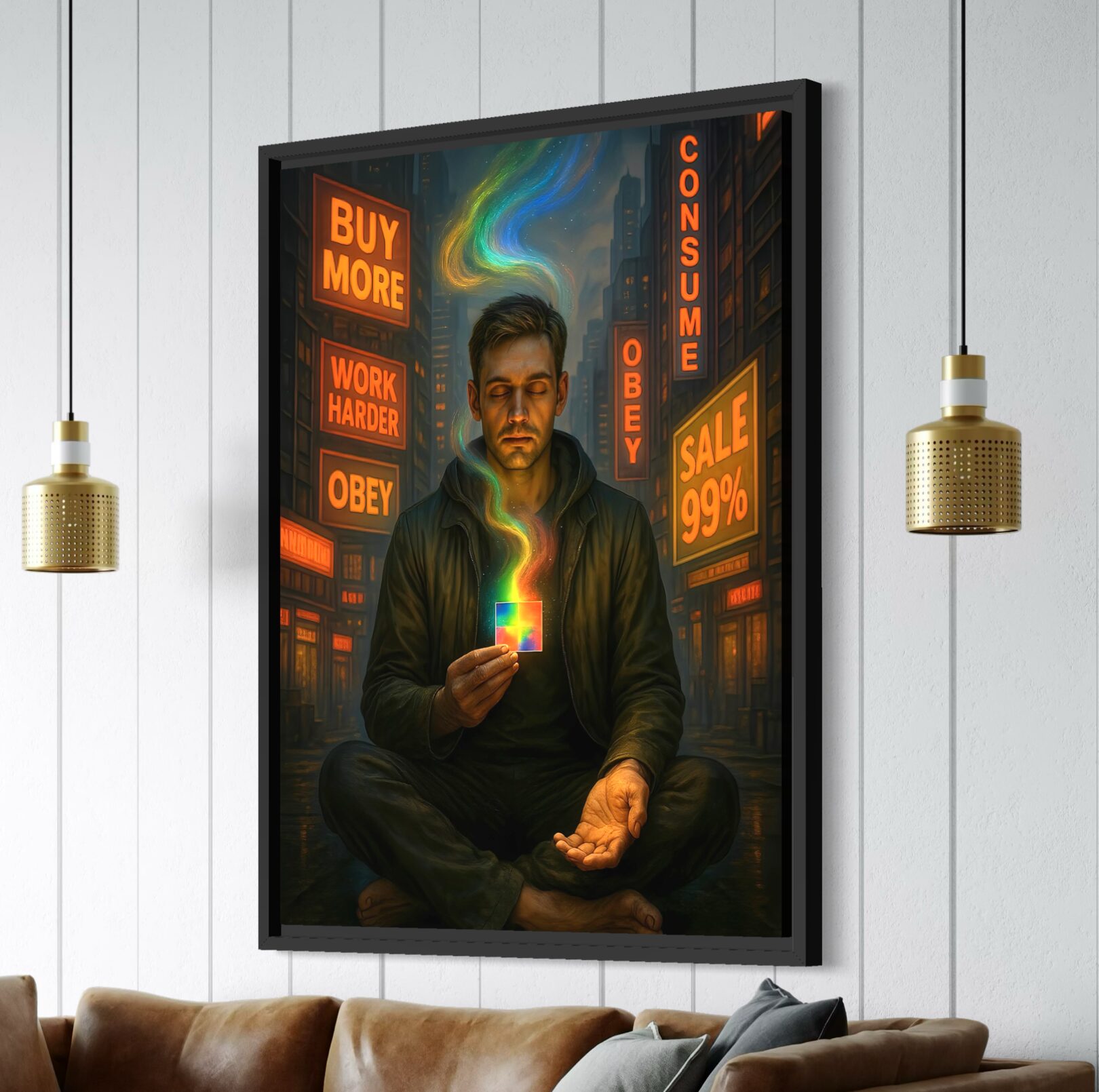Tableau Esprit Libre en vue latérale dans un salon, représentant un homme en méditation au cœur d’une ville sombre entourée de néons Buy More, Work Harder, Obey et Consume.