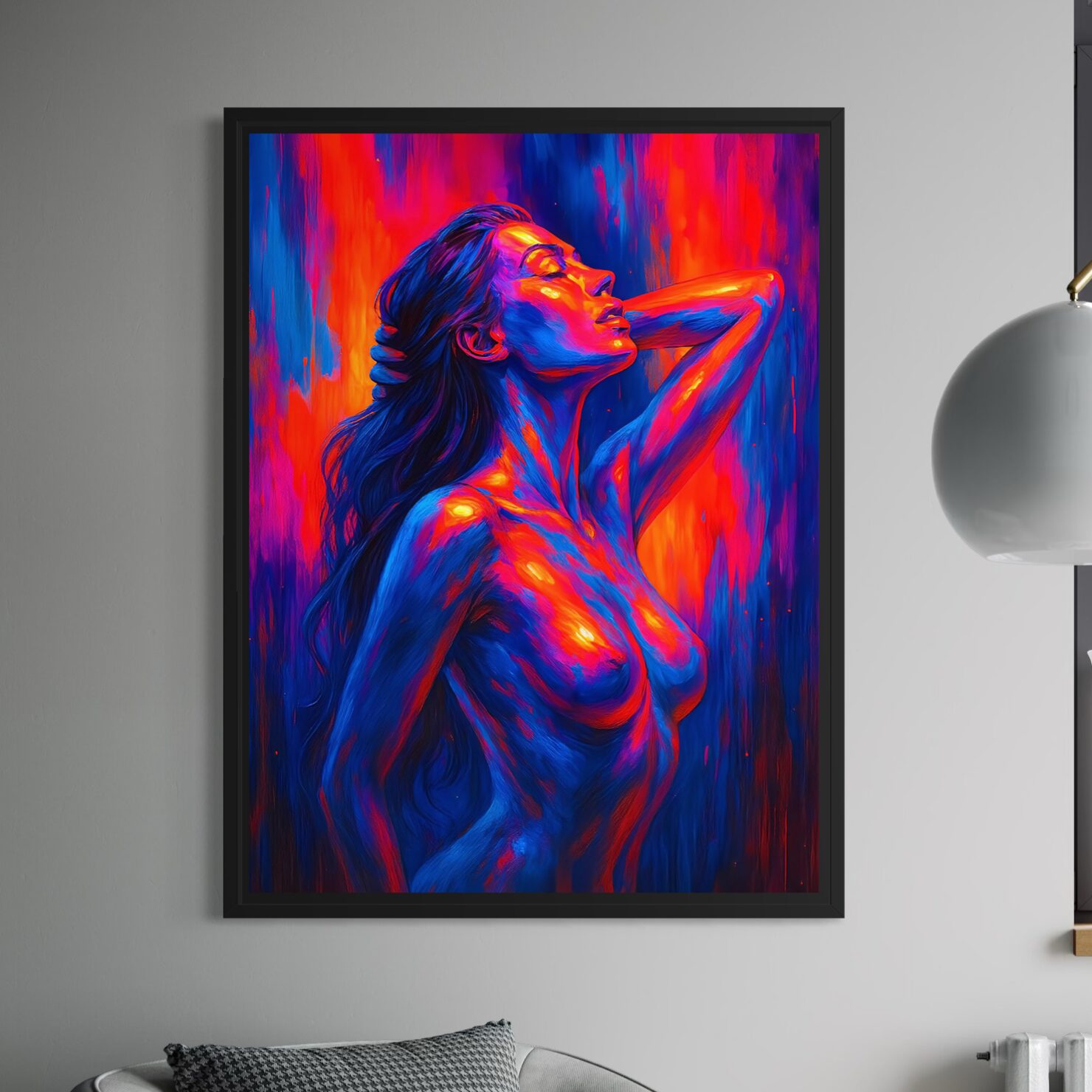 Tableau Extase Écarlate représentant une femme sensuelle aux couleurs néon rouges, bleues et violettes dans un style contemporain expressif et artistique