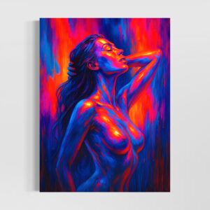 Accueil Tableau Extase Écarlate représentant une femme nue contemporaine aux couleurs néon rouges, bleues et violettes dans une composition artistique sensuelle et moderne