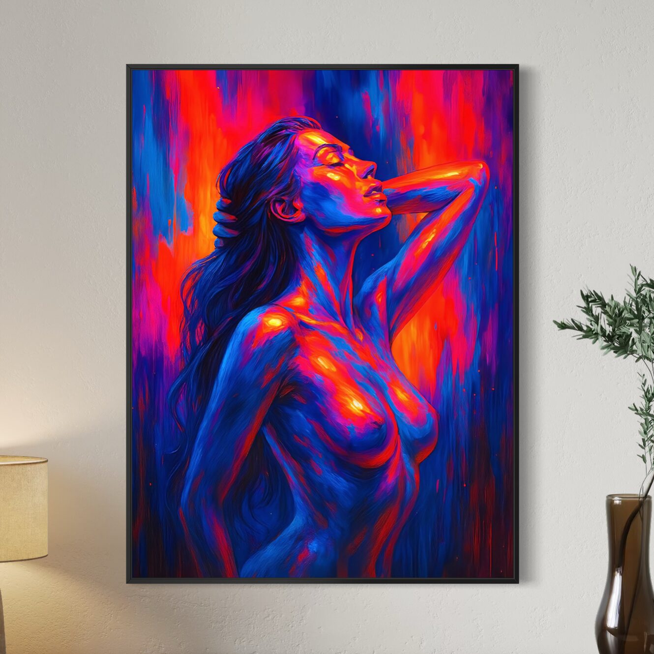 Tableau Extase Écarlate représentant une femme sensuelle aux couleurs néon rouges, bleues et violettes dans une œuvre d’art contemporain expressive et lumineuse
