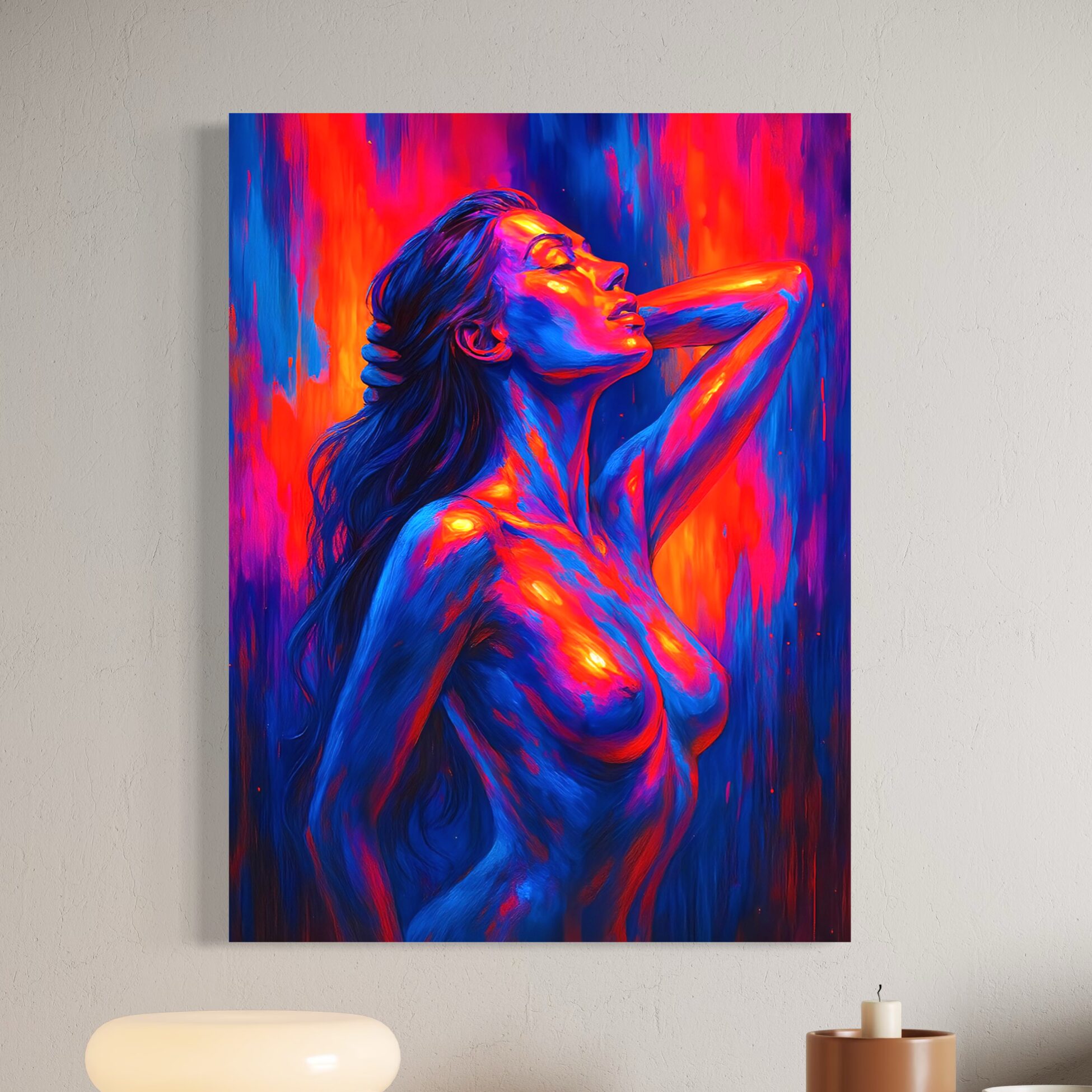 Tableau Extase Écarlate représentant une femme sensuelle aux couleurs néon rouges, bleues et violettes dans un style artistique contemporain et expressif