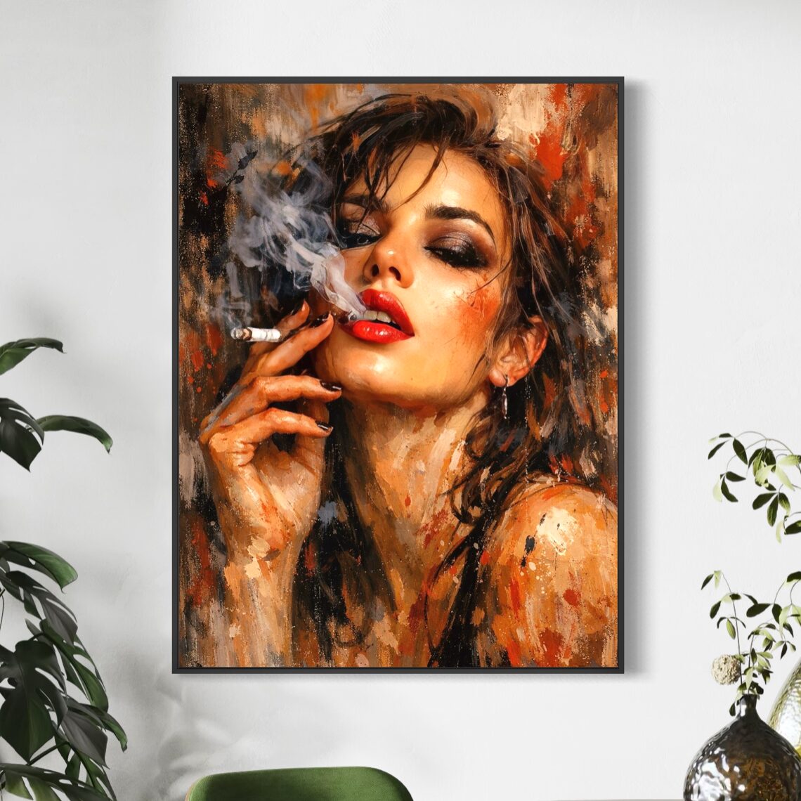 Tableau Femme Sensuelle – Ivresse Rouge Tableau Ivresse Rouge représentant un portrait de femme glamour aux lèvres rouges avec fumée, regard intense, nuances chaudes et ambiance artistique contemporaine dans une décoration murale moderne.