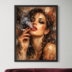 Tableau Ivresse Rouge encadré noir représentant un portrait de femme glamour aux lèvres rouges avec fumée, regard intense et touches picturales chaudes dans une décoration murale contemporaine.
