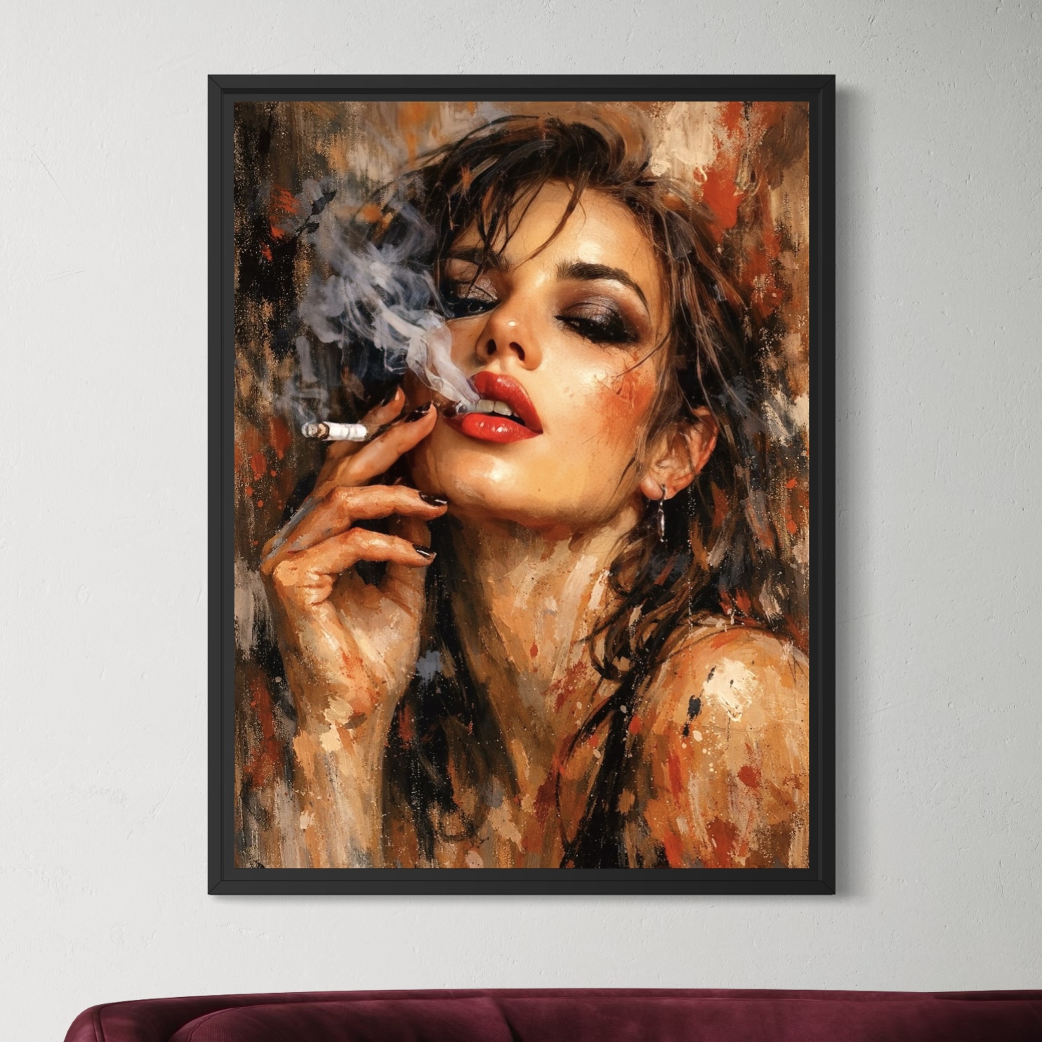 Tableau Femme Sensuelle – Ivresse Rouge Tableau Ivresse Rouge encadré noir représentant un portrait de femme glamour aux lèvres rouges avec fumée, regard intense et touches picturales chaudes dans une décoration murale contemporaine.